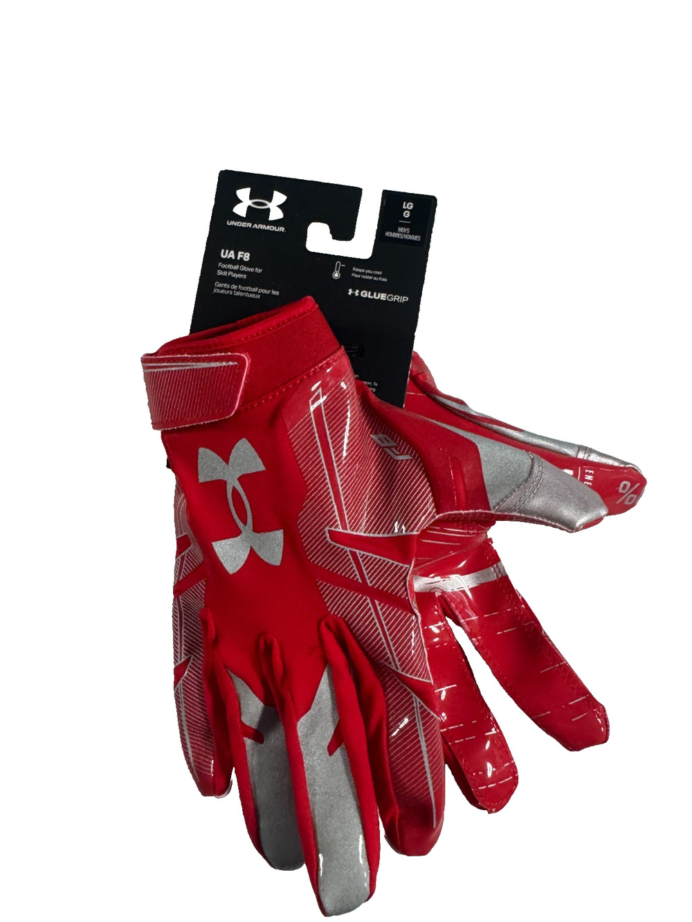 Under Armour Adult UA F8 Football Receiver Gloves Red Silver GlueGrip Large NWT